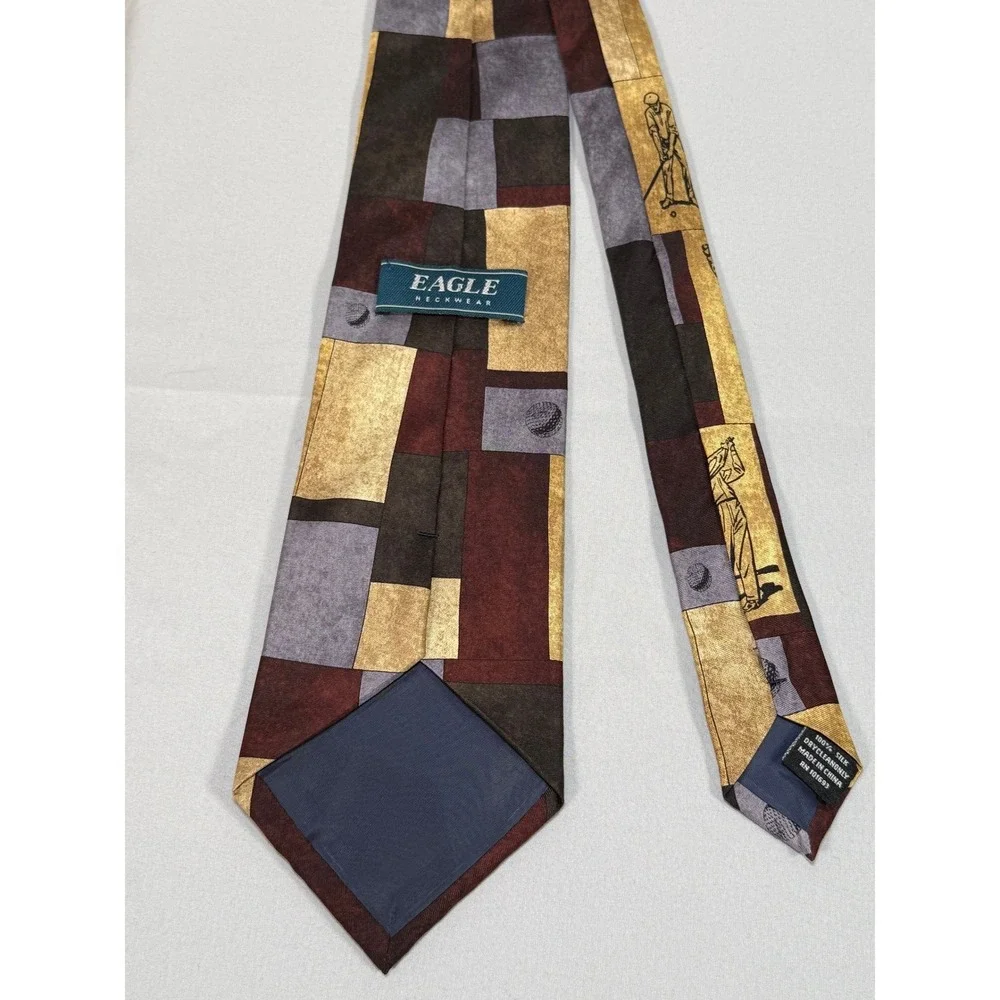 Eagle Neckwear Mens Golf Novelty Silk Tie Burgundy Gold Geometric Vintage Print